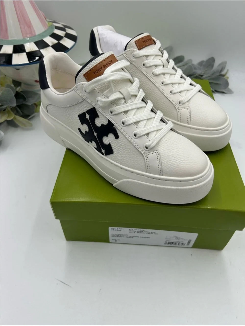 Women's Tory Burch White Leather Platform Sneakers with Black Logo Accent